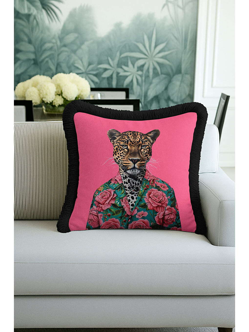 Karışık Lüks Çiçekli Leopar Saçaklı Yastık Kılıfı - Vintage Bohem Pembe Yeşil Püsküllü Kırlent Kılıfı-4