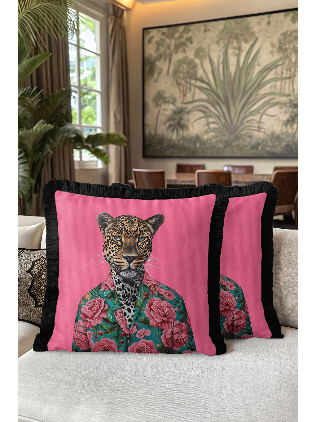 Karışık Lüks Çiçekli Leopar Saçaklı Yastık Kılıfı - Vintage Bohem Pembe Yeşil Püsküllü Kırlent Kılıfı-5