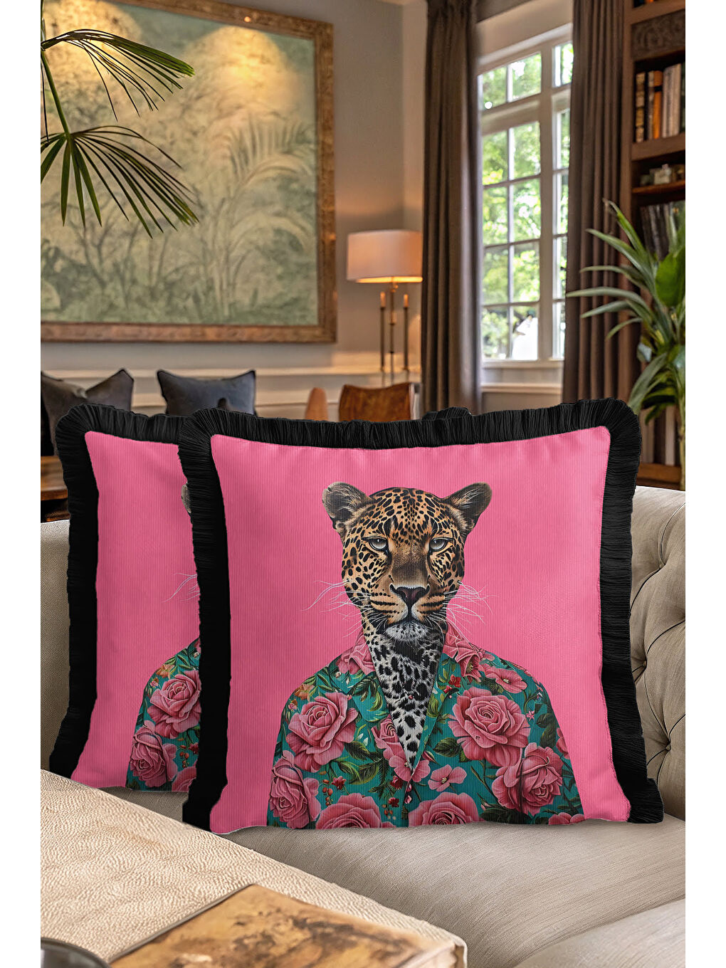 Karışık Lüks Çiçekli Leopar Saçaklı Yastık Kılıfı - Vintage Bohem Pembe Yeşil Püsküllü Kırlent Kılıfı-7