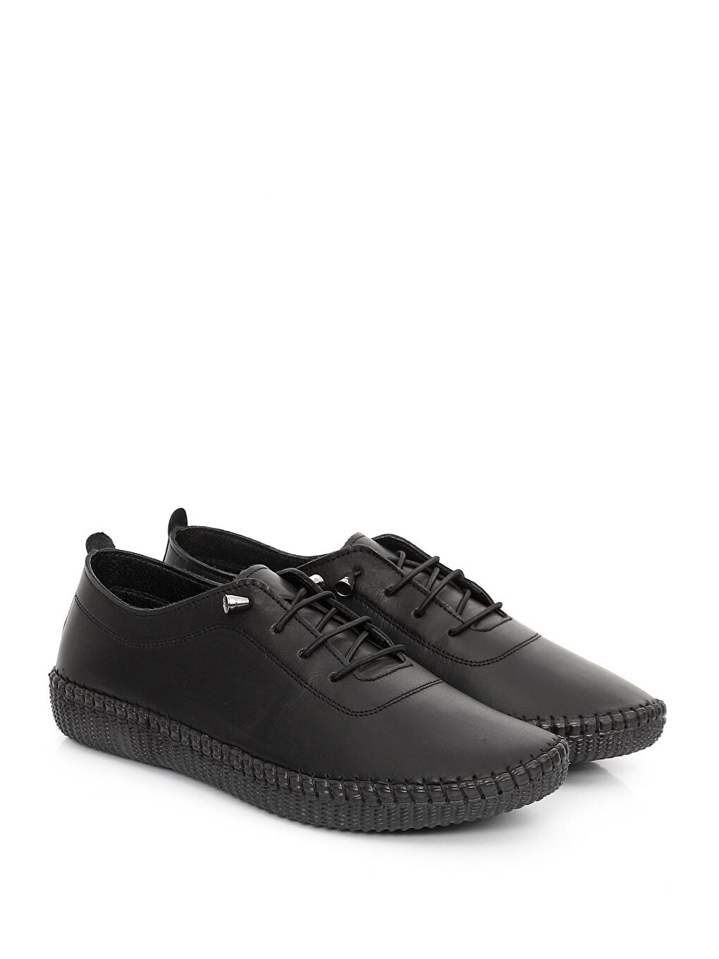 Siyah Hakiki Deri Kadın Bağcıklı Günlük Sneaker 20033-4