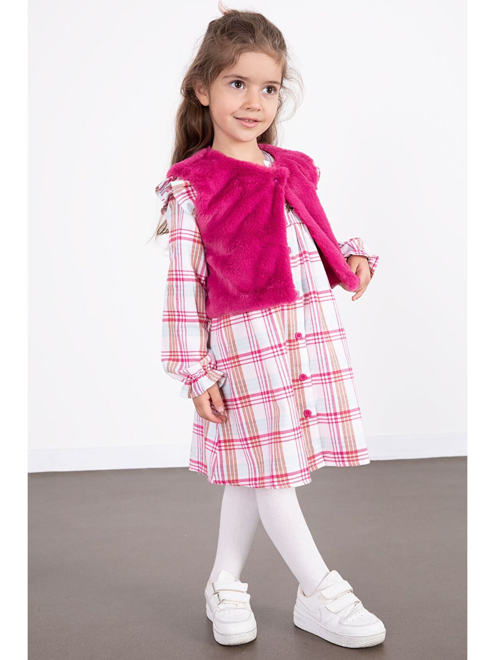 Fuşya Kız Çocuk Pelüş Yelekli Ekose Desenli Elbise 22698-2