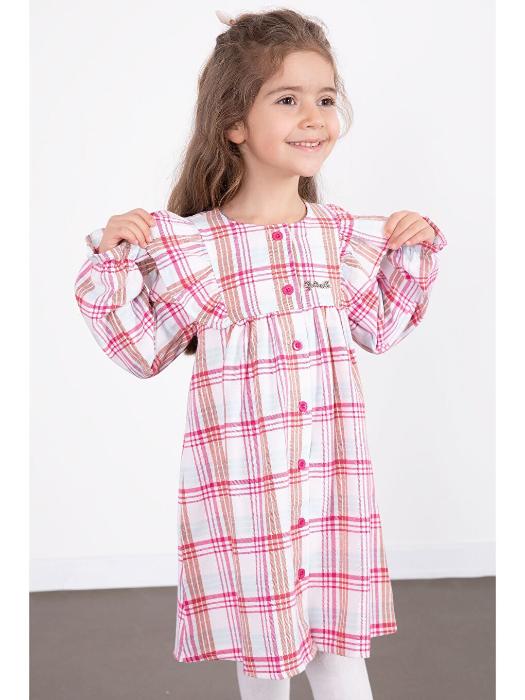 Fuşya Kız Çocuk Pelüş Yelekli Ekose Desenli Elbise 22698-4