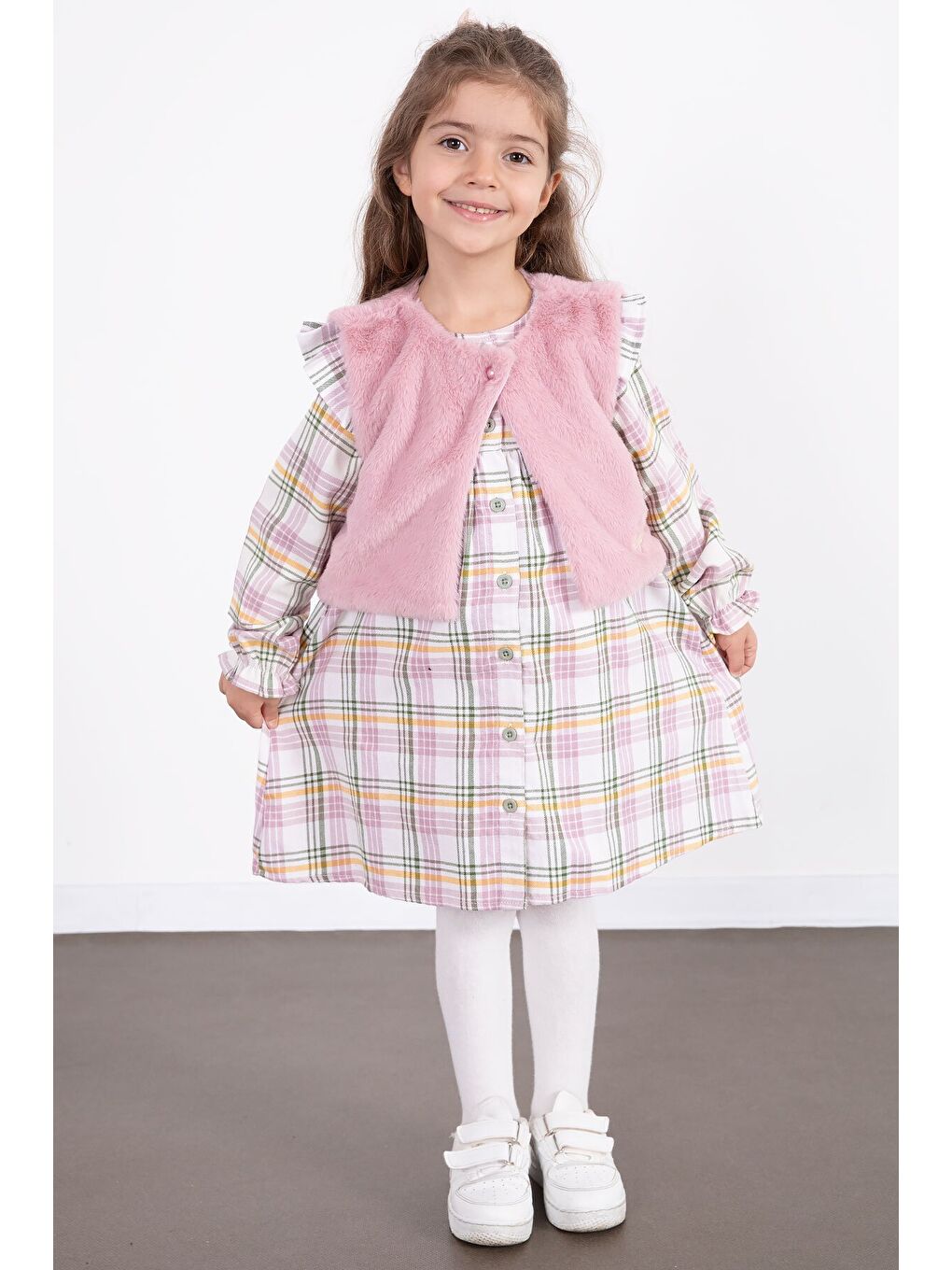 Pembe Kız Çocuk Pelüş Yelekli Ekose Desenli Elbise 22696