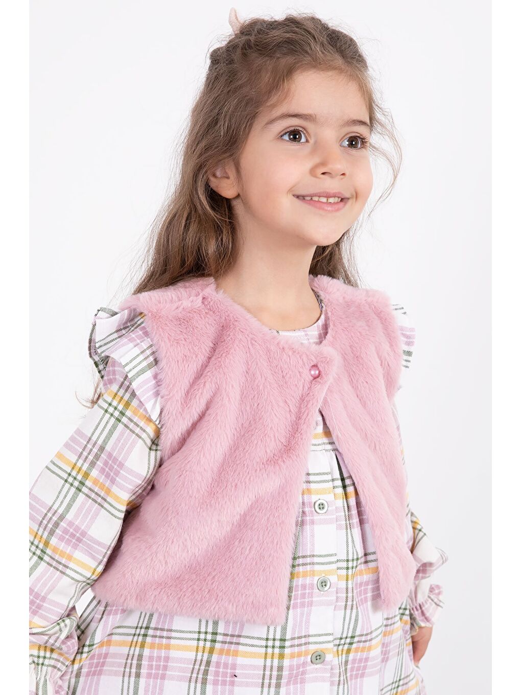 Pembe Kız Çocuk Pelüş Yelekli Ekose Desenli Elbise 22696-1
