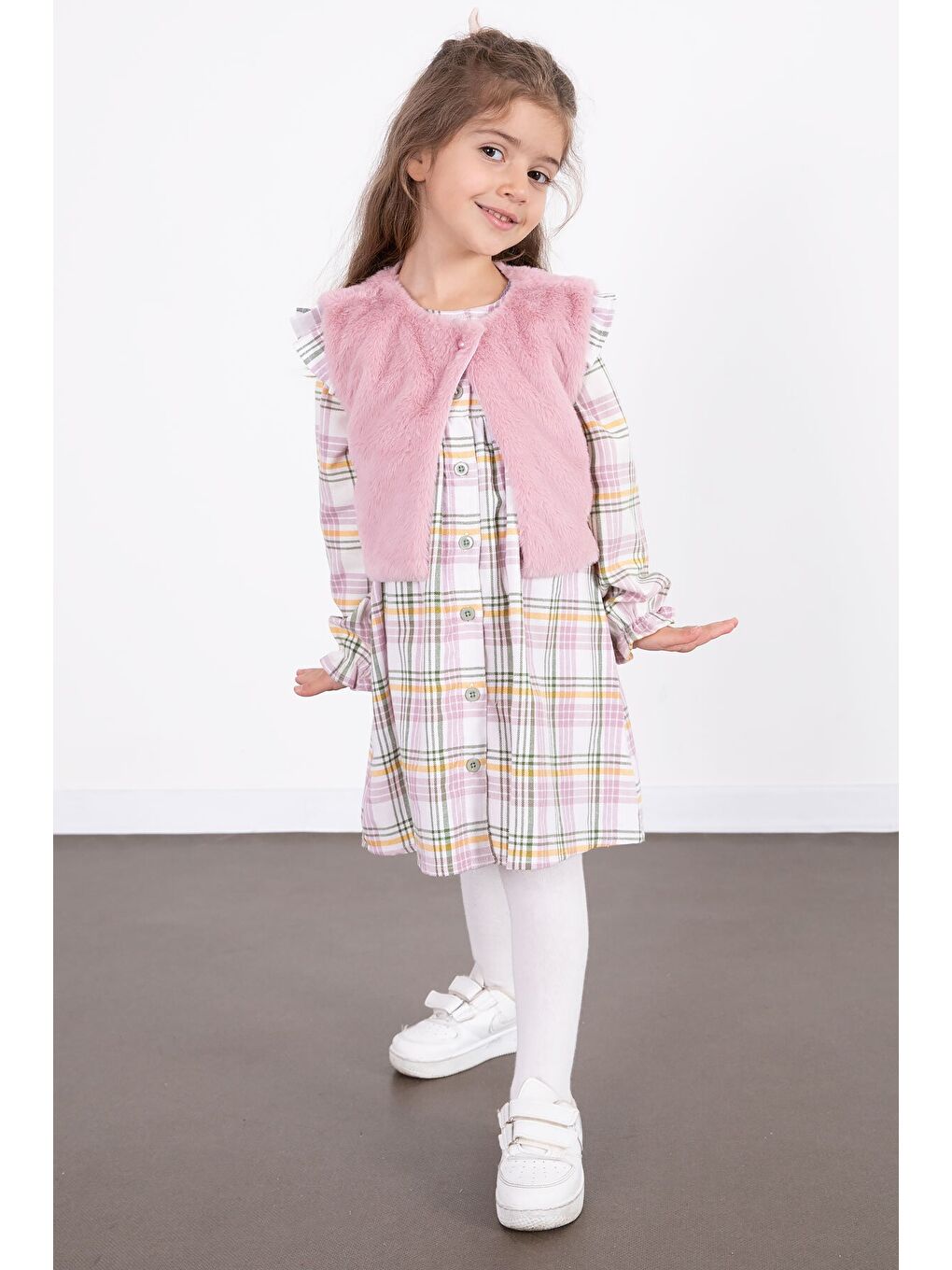 Pembe Kız Çocuk Pelüş Yelekli Ekose Desenli Elbise 22696-2