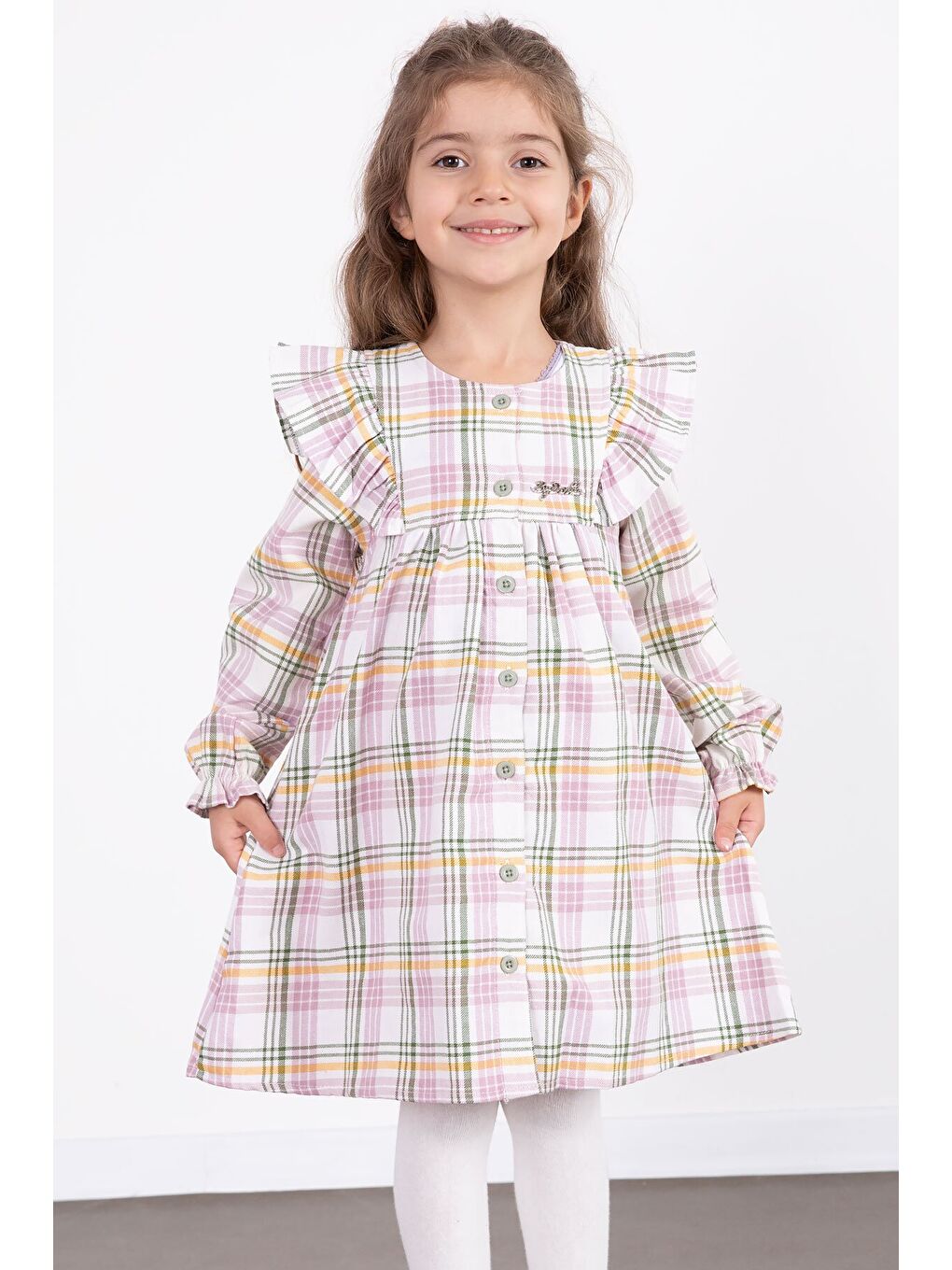 Pembe Kız Çocuk Pelüş Yelekli Ekose Desenli Elbise 22696-3