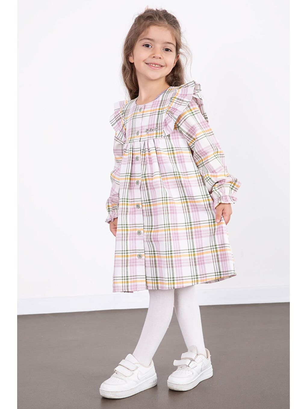 Pembe Kız Çocuk Pelüş Yelekli Ekose Desenli Elbise 22696-4
