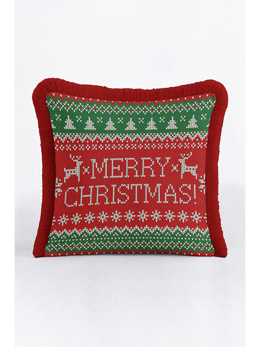 Karışık Yılbaşı Motifli Saçaklı Yastık Kılıfı - Yeni Yıl Temalı Retro Kırmızı Yeşil Püsküllü Kırlent Kılıfı-1