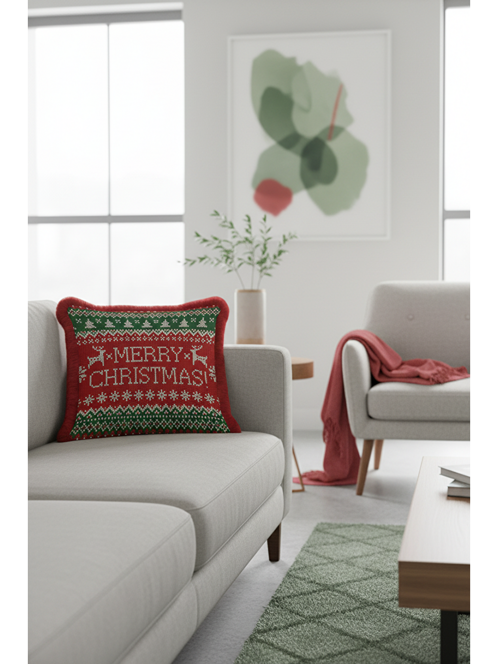 Karışık Yılbaşı Motifli Saçaklı Yastık Kılıfı - Yeni Yıl Temalı Retro Kırmızı Yeşil Püsküllü Kırlent Kılıfı-2