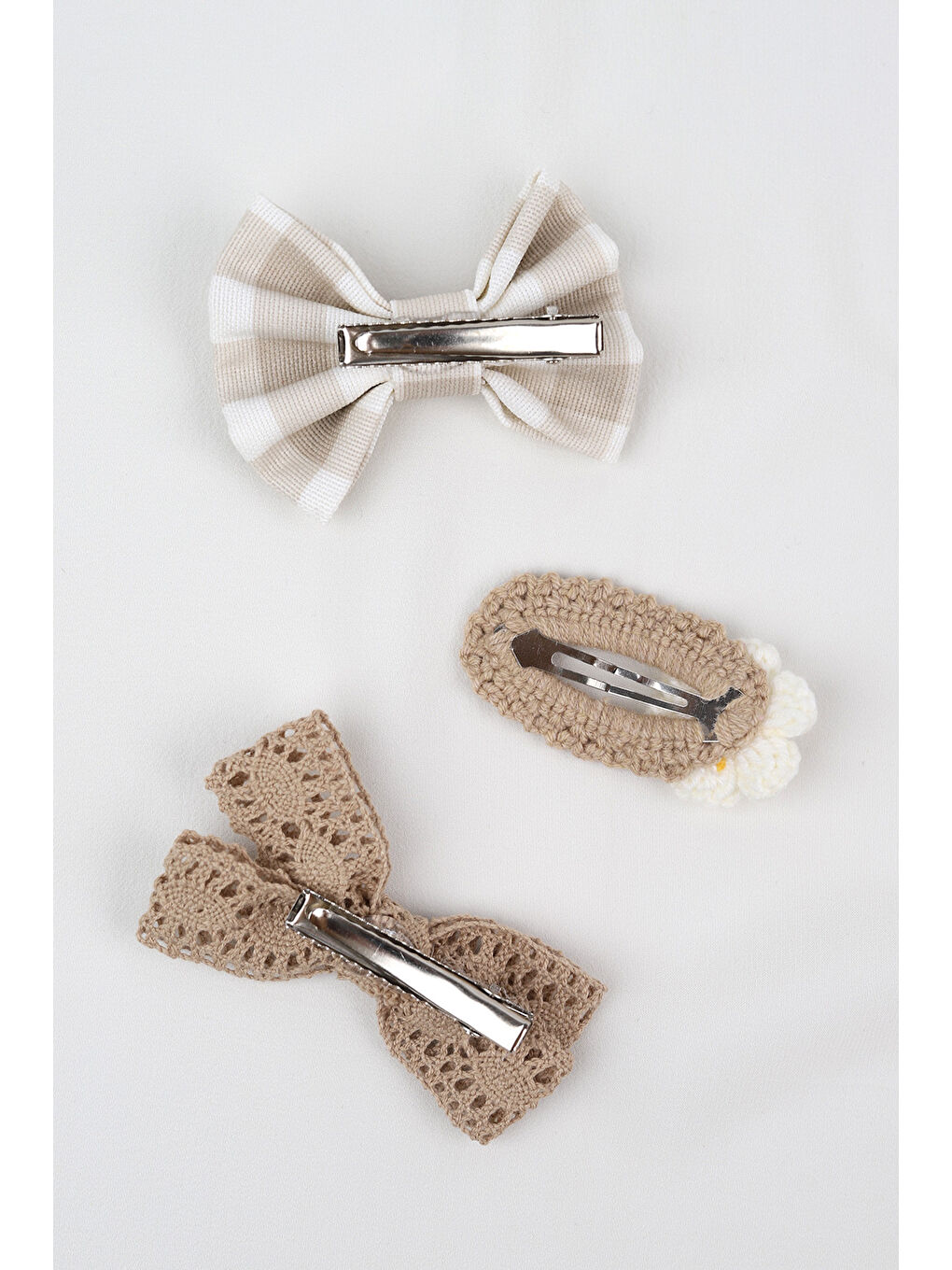 Bej Vizon Örgü Çiçek 3'lü Toka Set-2