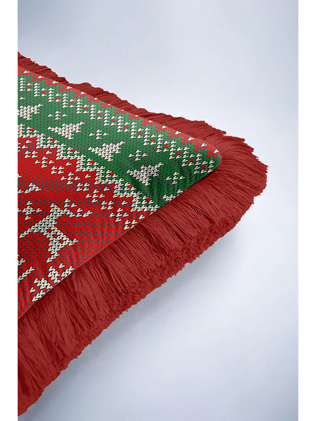 Karışık Yılbaşı Motifli Saçaklı Yastık Kılıfı - Yeni Yıl Temalı Retro Kırmızı Yeşil Püsküllü Kırlent Kılıfı-6