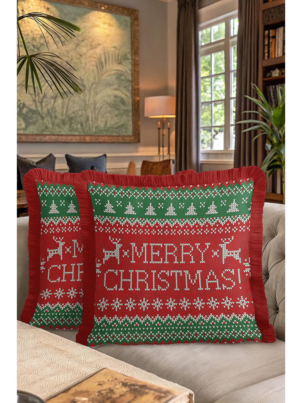 Karışık Yılbaşı Motifli Saçaklı Yastık Kılıfı - Yeni Yıl Temalı Retro Kırmızı Yeşil Püsküllü Kırlent Kılıfı-7