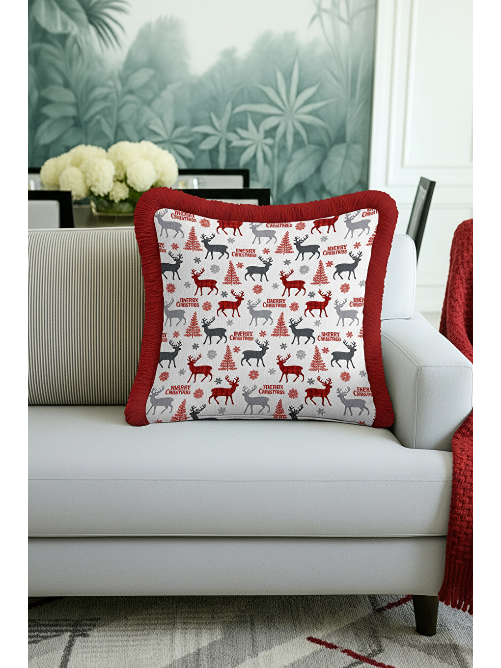 Karışık Geyik Motifli Saçaklı Yastık Kılıfı - Yeni Yıl Temalı Kırmızı Gri Rustik Püsküllü Kırlent Kılıfı-1