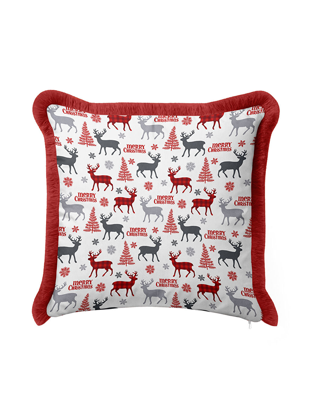 Karışık Geyik Motifli Saçaklı Yastık Kılıfı - Yeni Yıl Temalı Kırmızı Gri Rustik Püsküllü Kırlent Kılıfı-3