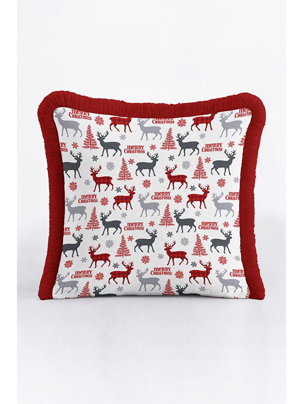 Karışık Geyik Motifli Saçaklı Yastık Kılıfı - Yeni Yıl Temalı Kırmızı Gri Rustik Püsküllü Kırlent Kılıfı-4