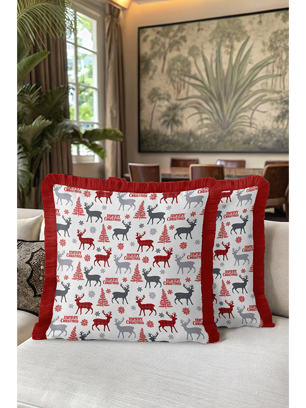 Karışık Geyik Motifli Saçaklı Yastık Kılıfı - Yeni Yıl Temalı Kırmızı Gri Rustik Püsküllü Kırlent Kılıfı-5