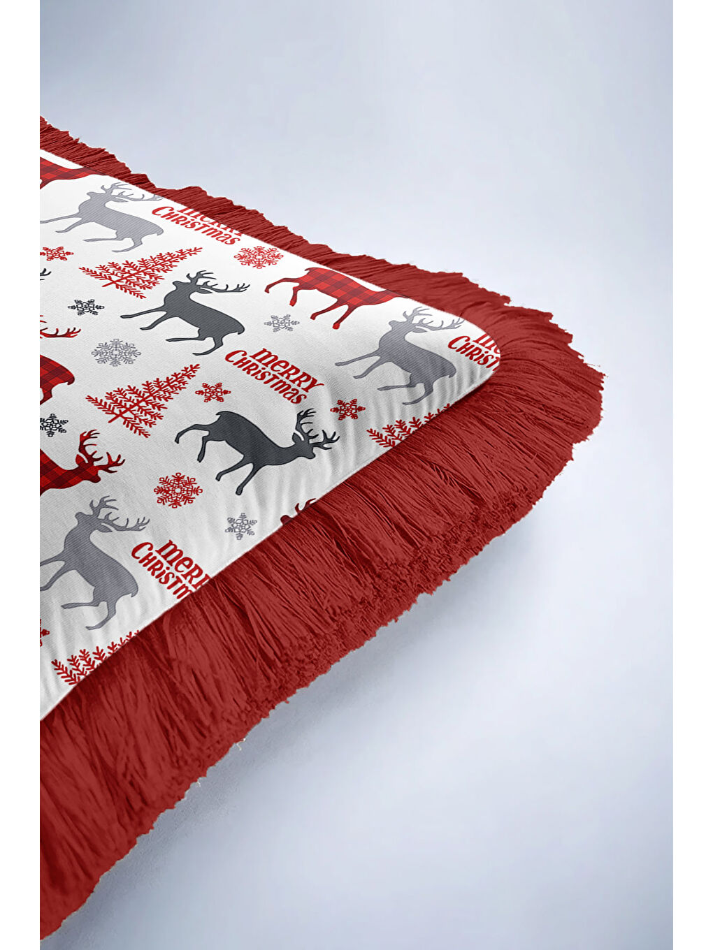 Karışık Geyik Motifli Saçaklı Yastık Kılıfı - Yeni Yıl Temalı Kırmızı Gri Rustik Püsküllü Kırlent Kılıfı-6
