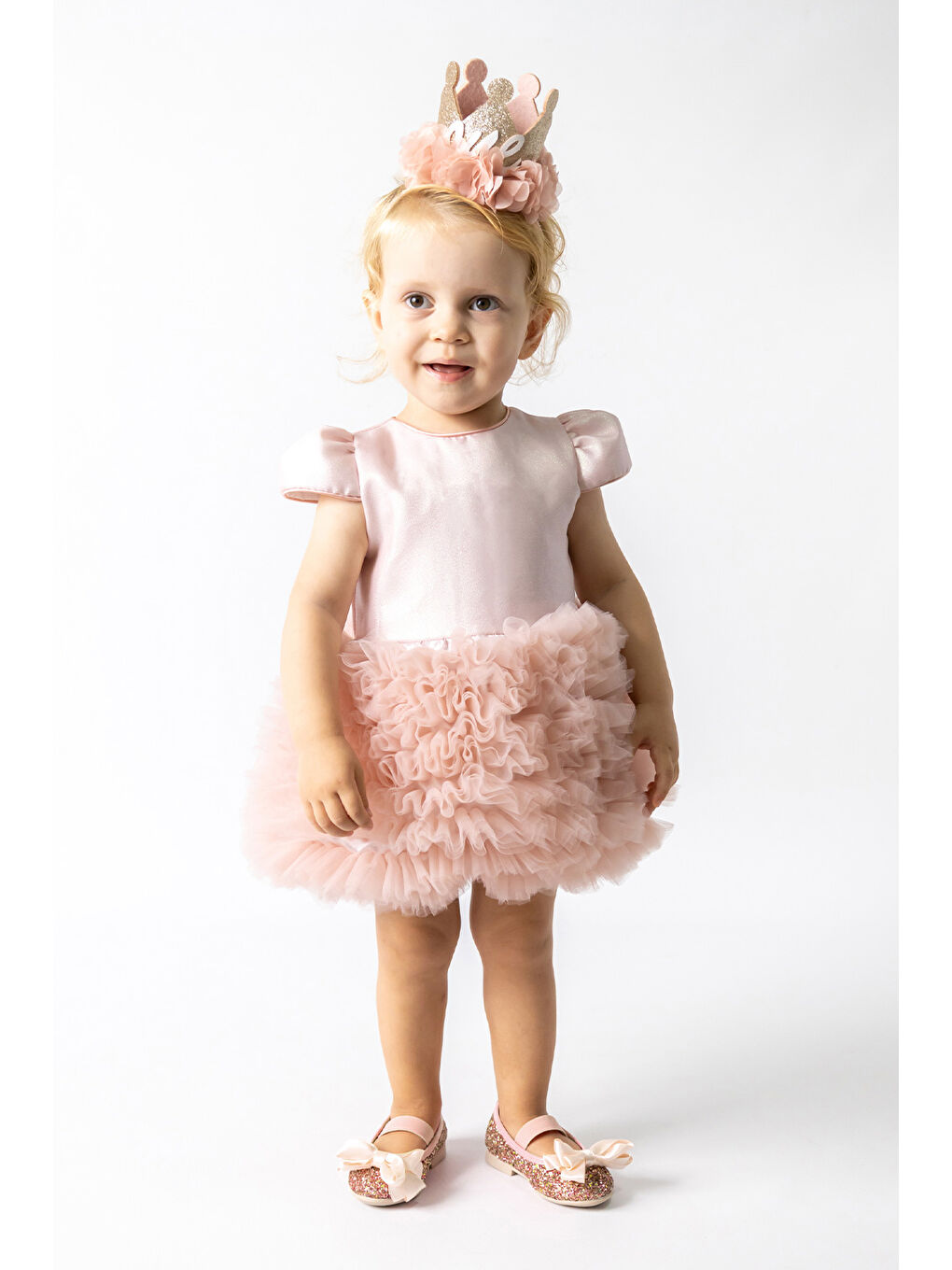 Pembe Pudra Kısa Kollu Tütülü Bebek Prenses Elbise - Lina