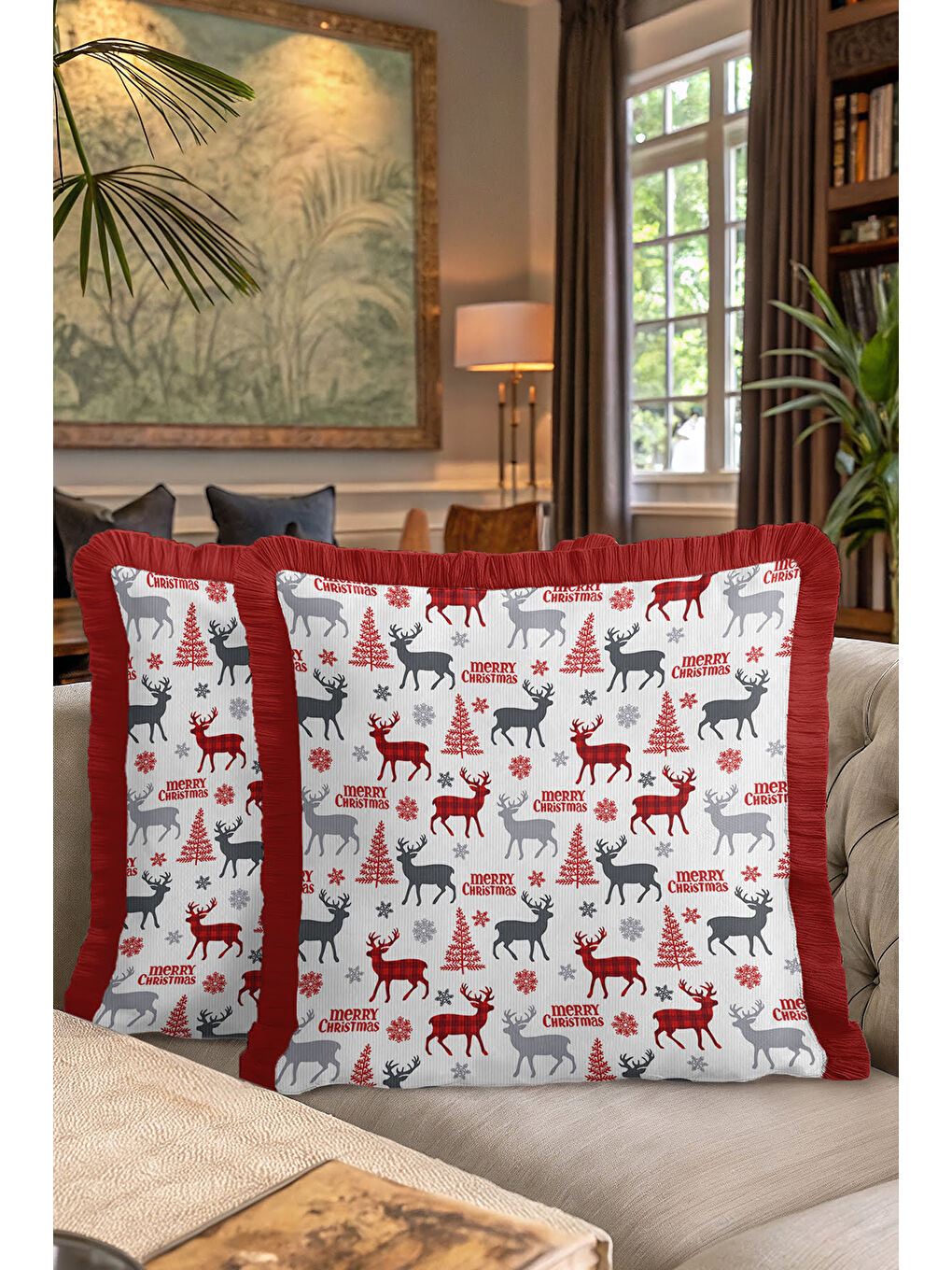 Karışık Geyik Motifli Saçaklı Yastık Kılıfı - Yeni Yıl Temalı Kırmızı Gri Rustik Püsküllü Kırlent Kılıfı-7