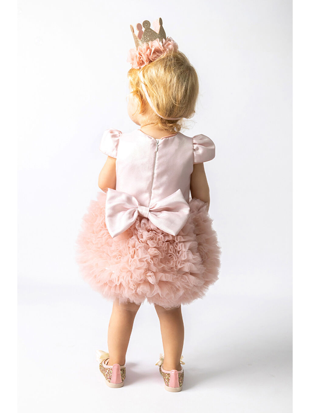 Pembe Pudra Kısa Kollu Tütülü Bebek Prenses Elbise - Lina-1