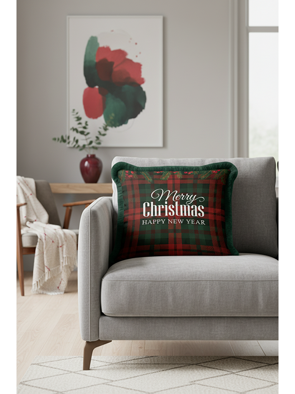 Karışık Klasik Ekose Saçaklı Yastık Kılıfı - Çam Tema Yeni Yıl Rustik Kırmızı Yeşil Püsküllü Kırlent Kılıfı