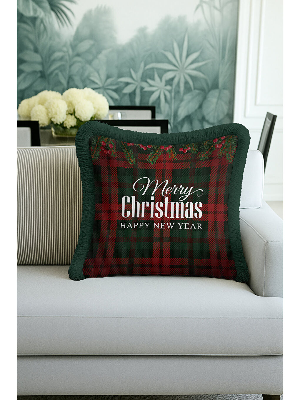 Karışık Klasik Ekose Saçaklı Yastık Kılıfı - Çam Tema Yeni Yıl Rustik Kırmızı Yeşil Püsküllü Kırlent Kılıfı-1