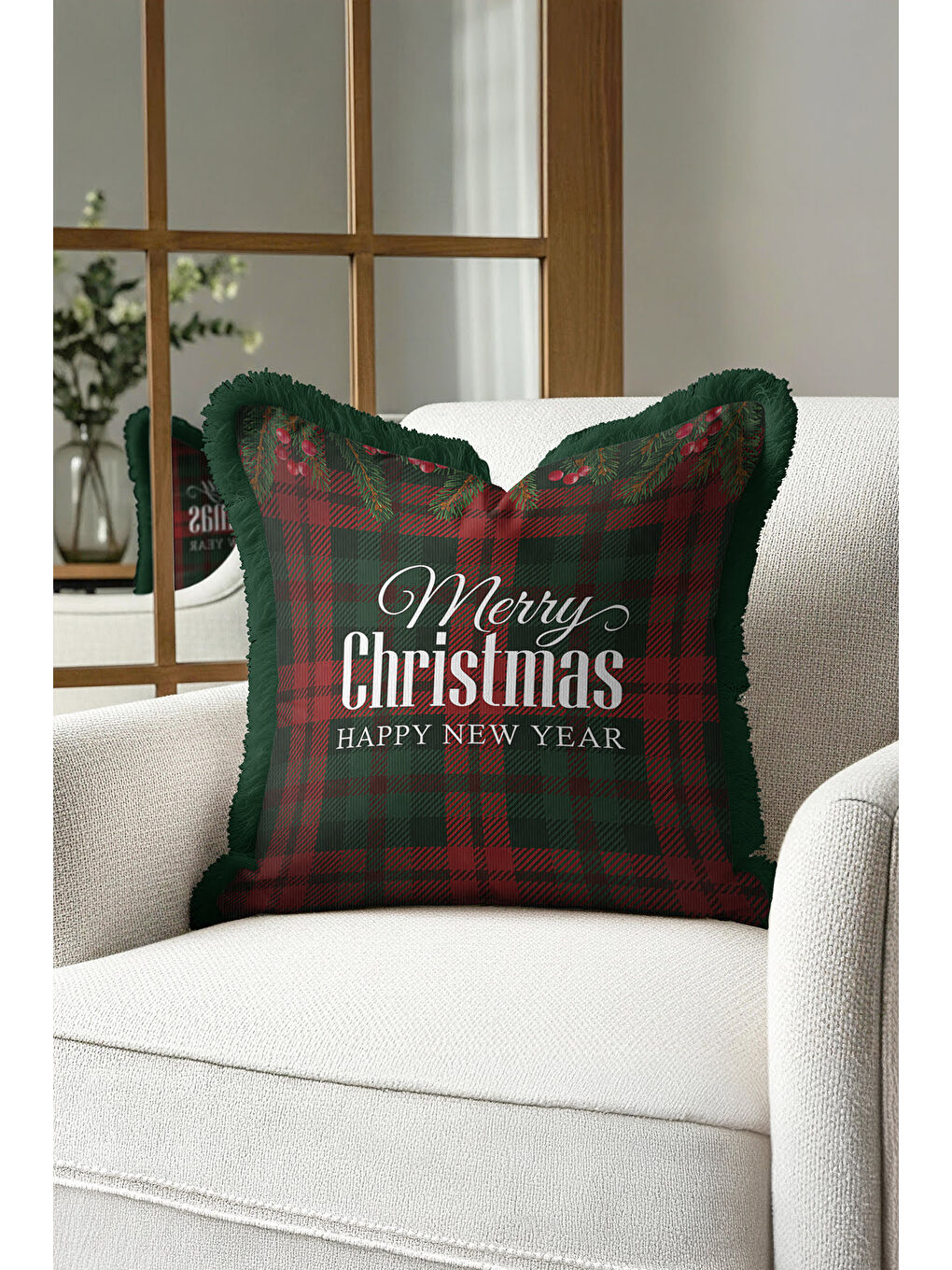 Karışık Klasik Ekose Saçaklı Yastık Kılıfı - Çam Tema Yeni Yıl Rustik Kırmızı Yeşil Püsküllü Kırlent Kılıfı-2