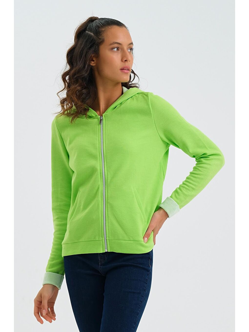 Yeşil Erkek Fermuarlı Sweatshirt Hırka Kapüşonlu