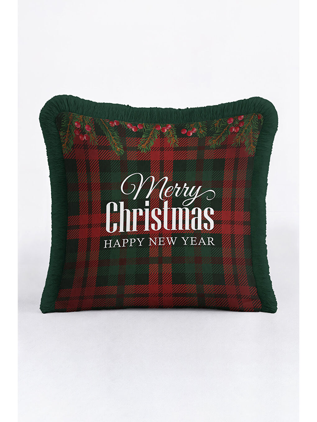 Karışık Klasik Ekose Saçaklı Yastık Kılıfı - Çam Tema Yeni Yıl Rustik Kırmızı Yeşil Püsküllü Kırlent Kılıfı-3