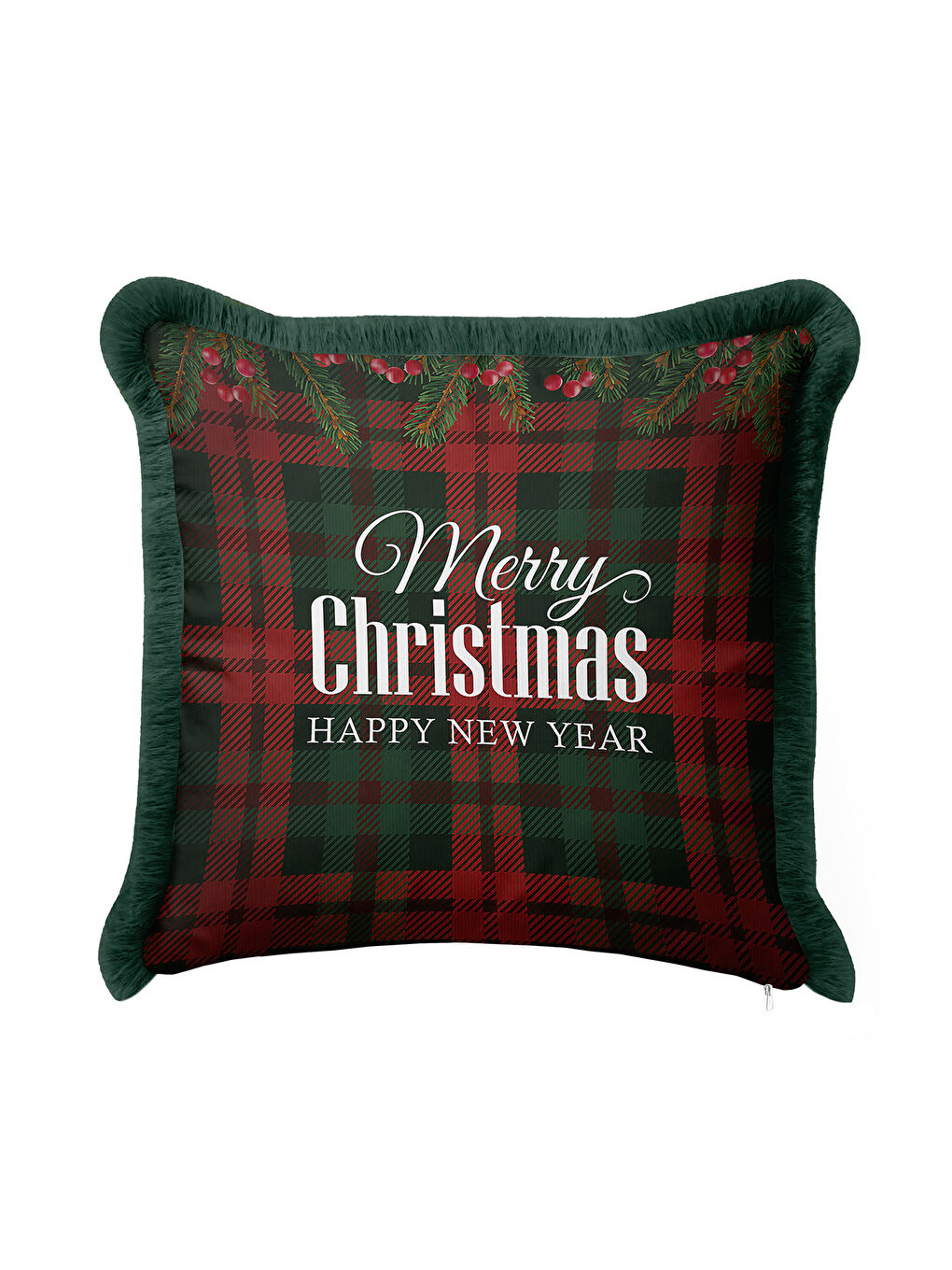 Karışık Klasik Ekose Saçaklı Yastık Kılıfı - Çam Tema Yeni Yıl Rustik Kırmızı Yeşil Püsküllü Kırlent Kılıfı-4