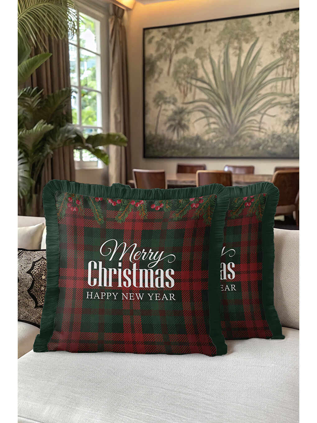 Karışık Klasik Ekose Saçaklı Yastık Kılıfı - Çam Tema Yeni Yıl Rustik Kırmızı Yeşil Püsküllü Kırlent Kılıfı-5