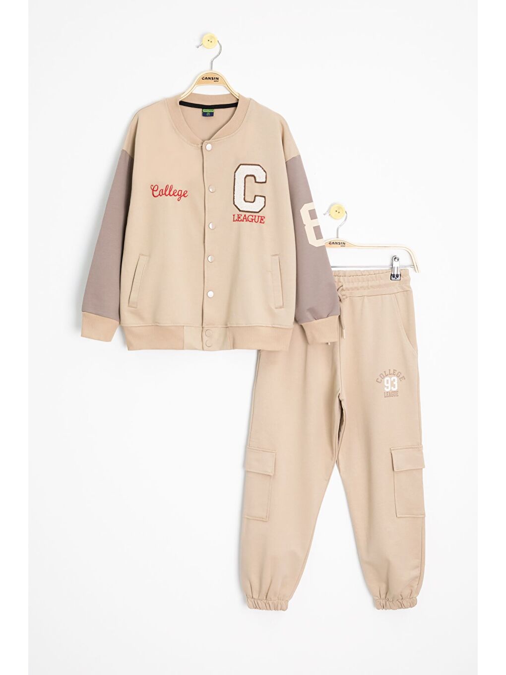 Bej Yazı Nakışlı Kolej Ceketli Erkek Çocuk Eşofman Takımı 21225-1