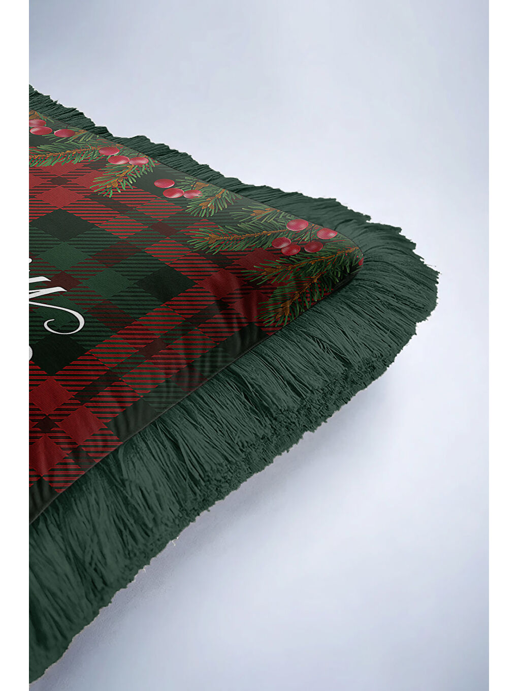 Karışık Klasik Ekose Saçaklı Yastık Kılıfı - Çam Tema Yeni Yıl Rustik Kırmızı Yeşil Püsküllü Kırlent Kılıfı-6