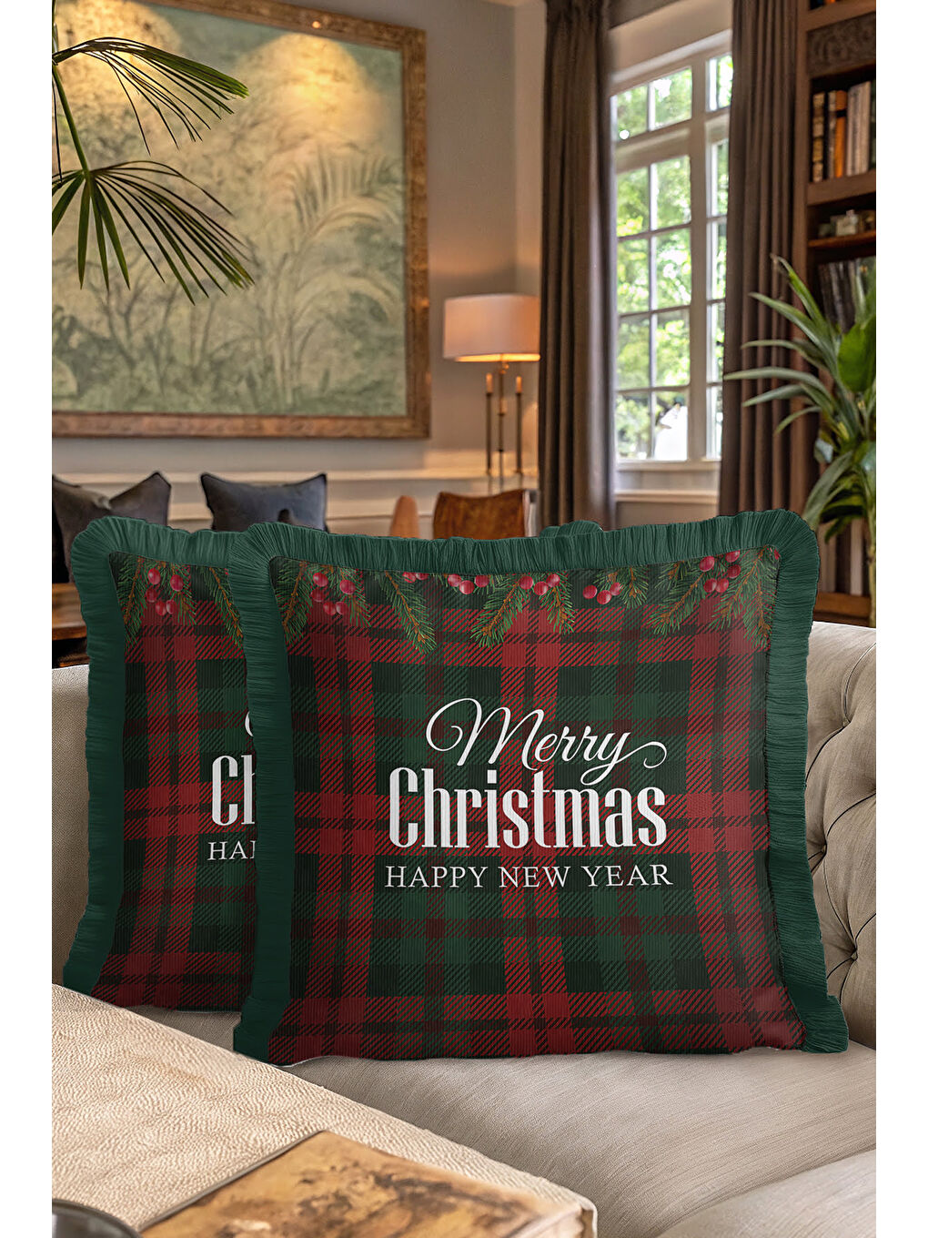 Karışık Klasik Ekose Saçaklı Yastık Kılıfı - Çam Tema Yeni Yıl Rustik Kırmızı Yeşil Püsküllü Kırlent Kılıfı-7