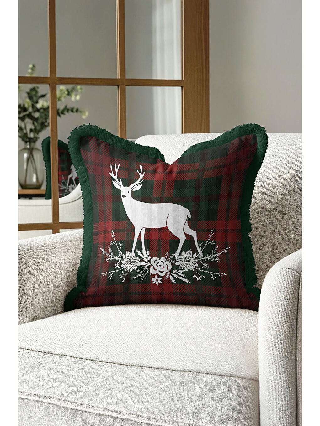 Karışık Rustik Geyik Çam Kozalaklı Saçaklı Yastık Kılıfı - Kış Bahçesi Ekose Püsküllü Kırlent Kılıfı