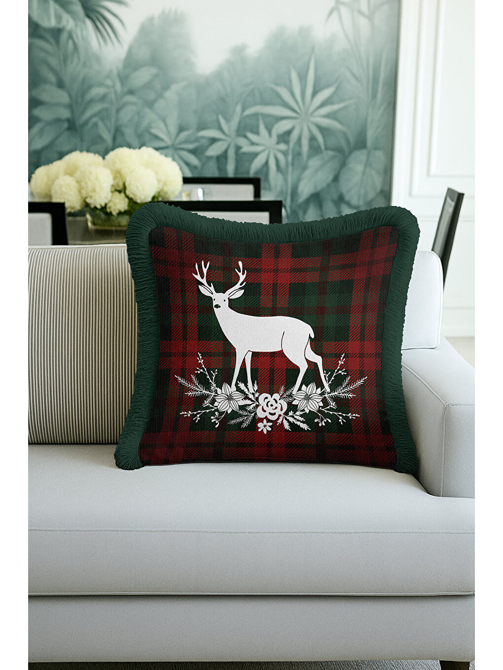 Karışık Rustik Geyik Çam Kozalaklı Saçaklı Yastık Kılıfı - Kış Bahçesi Ekose Püsküllü Kırlent Kılıfı-1