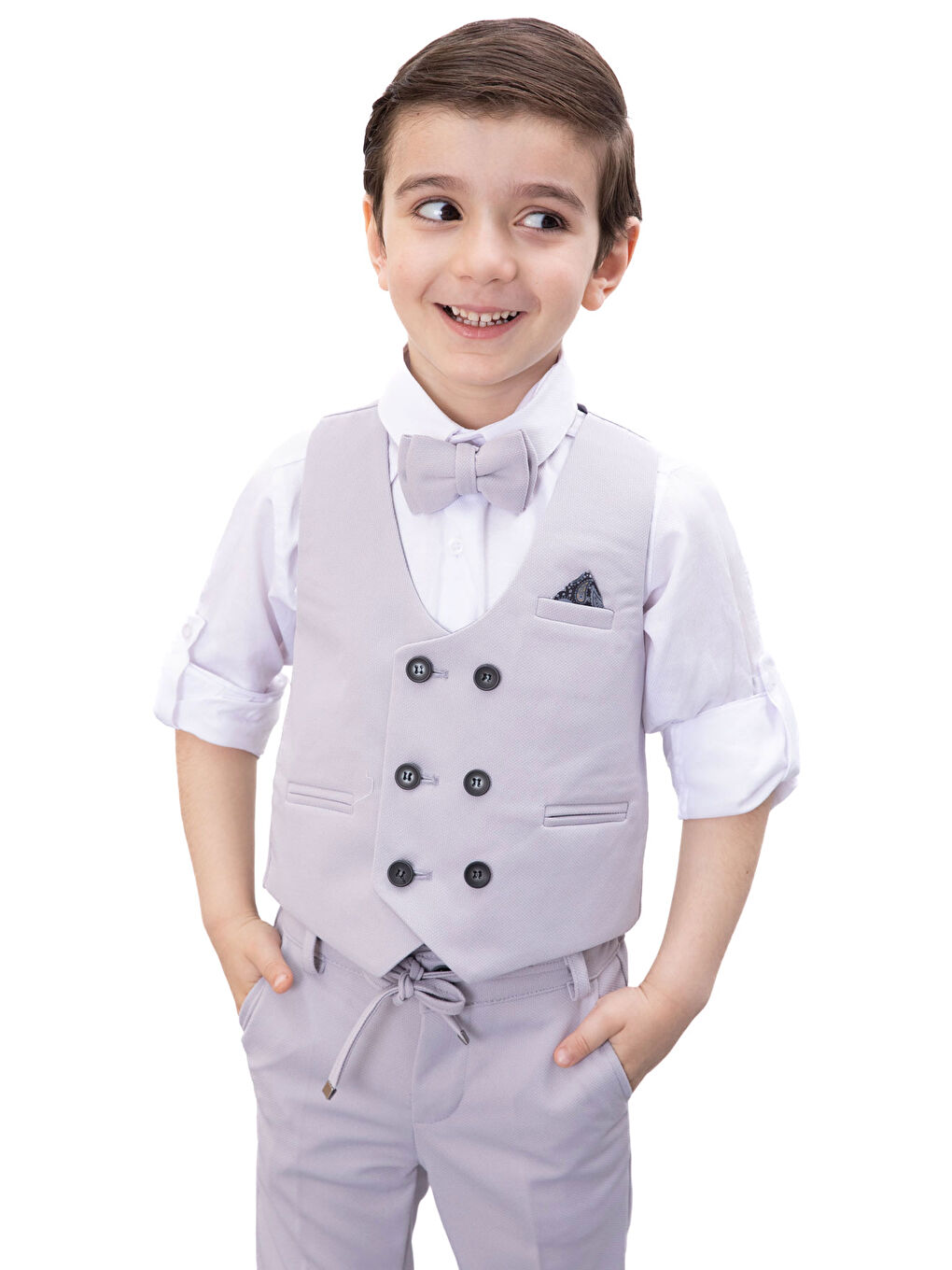 Gri Düğmeli Yelekli Papyonlu Gömlekli Erkek Çocuk 4lü Takım Elbise 20544-2