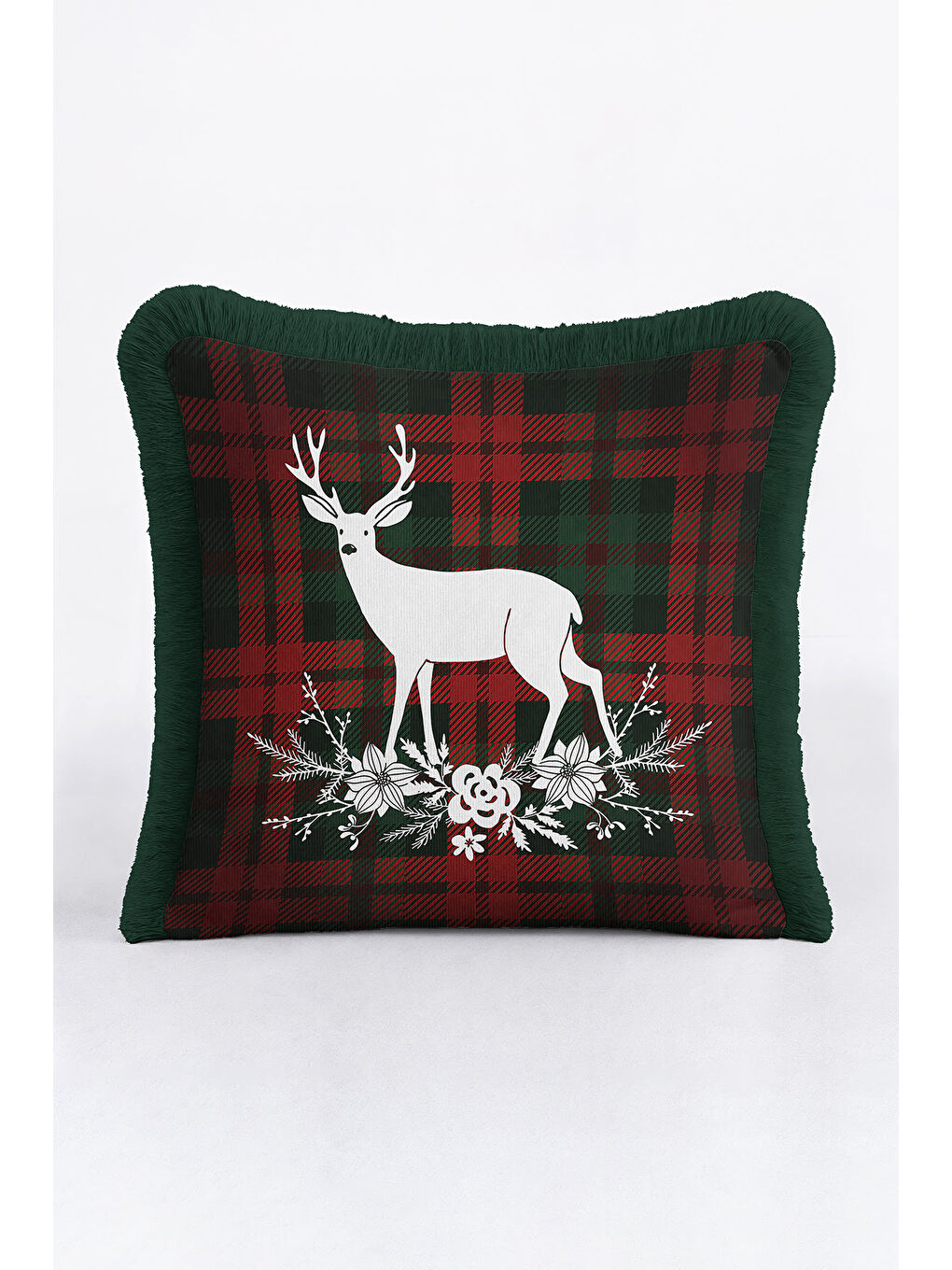 Karışık Rustik Geyik Çam Kozalaklı Saçaklı Yastık Kılıfı - Kış Bahçesi Ekose Püsküllü Kırlent Kılıfı-3