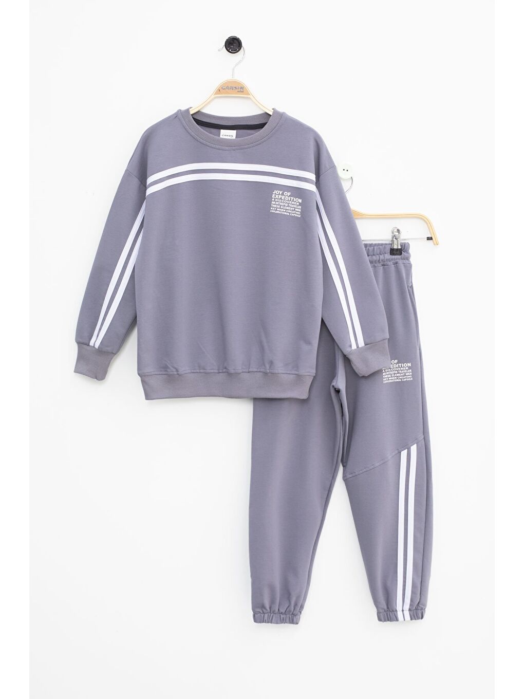 Gri Füme Şerit Detaylı Bisiklet Yaka Erkek Çocuk Basic Eşofman Takımı 21264-1