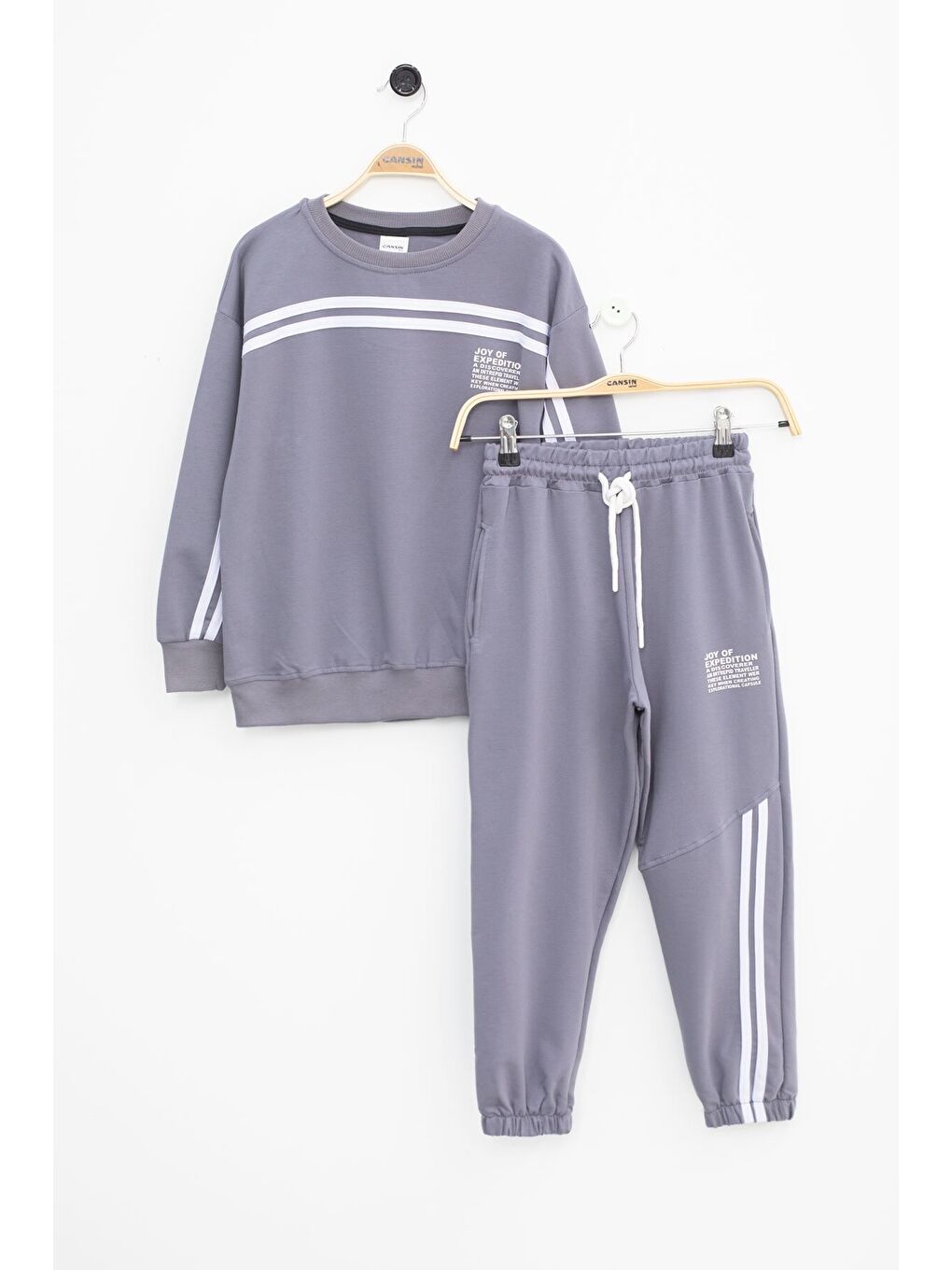 Gri Füme Şerit Detaylı Bisiklet Yaka Erkek Çocuk Basic Eşofman Takımı 21264-2