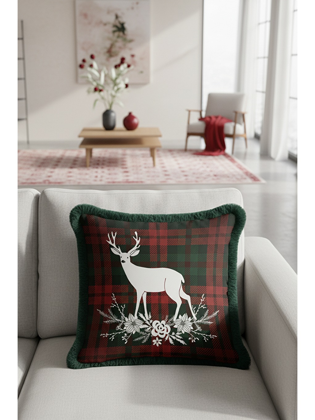Karışık Rustik Geyik Çam Kozalaklı Saçaklı Yastık Kılıfı - Kış Bahçesi Ekose Püsküllü Kırlent Kılıfı-4