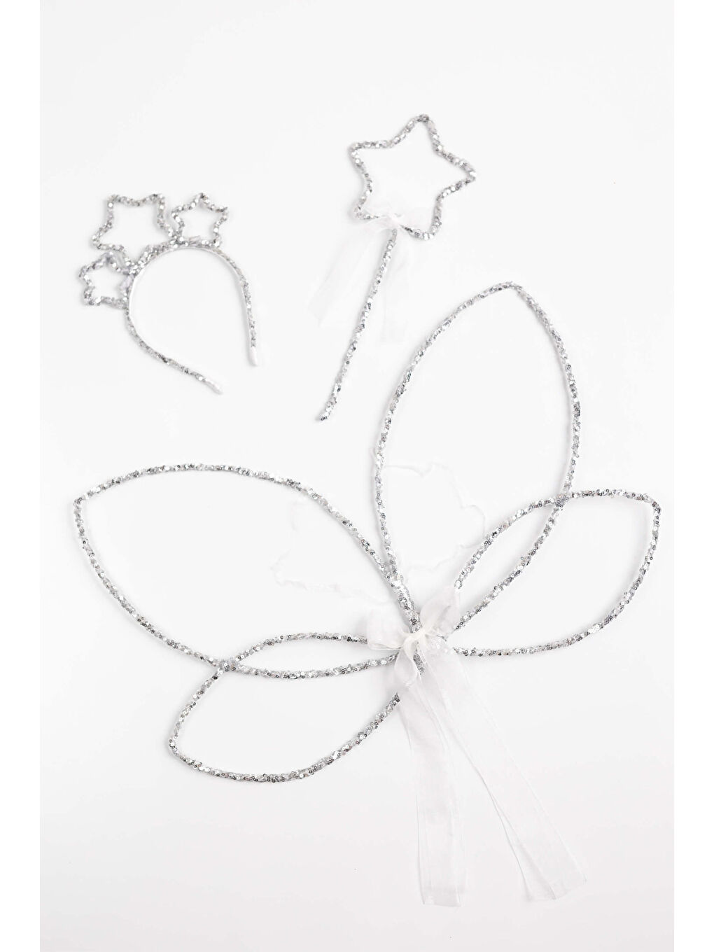 Gri Gümüş Simli Kelebek Kanat Asa Taç 3'lü Set-2