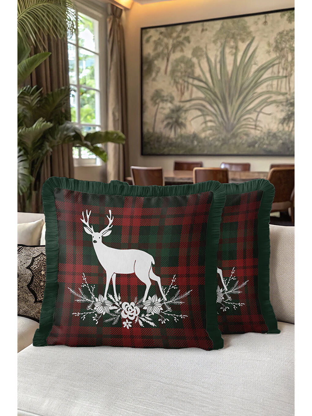 Karışık Rustik Geyik Çam Kozalaklı Saçaklı Yastık Kılıfı - Kış Bahçesi Ekose Püsküllü Kırlent Kılıfı-5