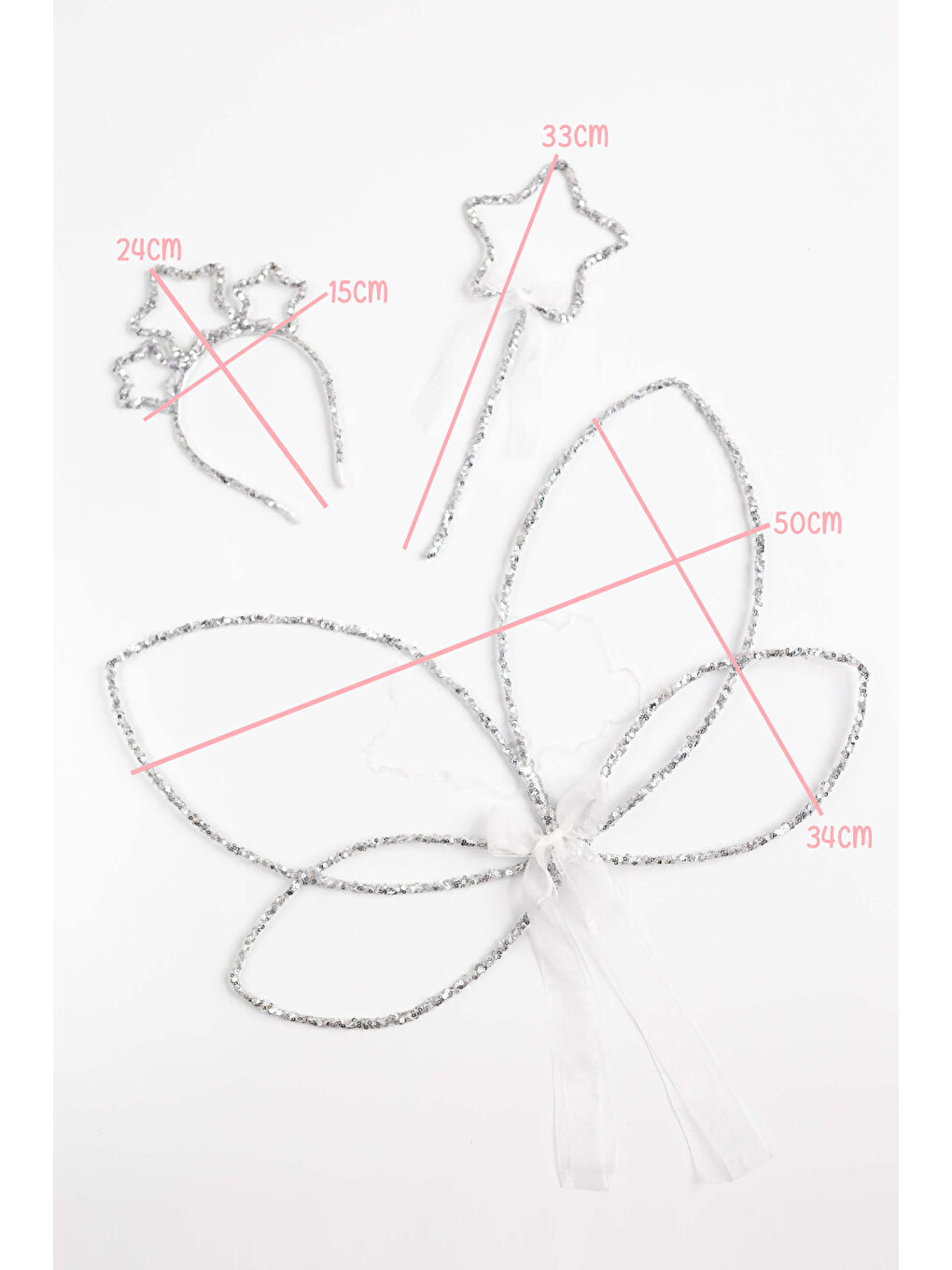 Gri Gümüş Simli Kelebek Kanat Asa Taç 3'lü Set-3