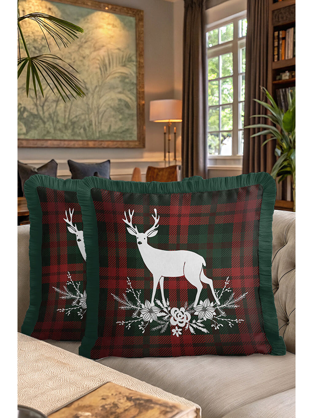 Karışık Rustik Geyik Çam Kozalaklı Saçaklı Yastık Kılıfı - Kış Bahçesi Ekose Püsküllü Kırlent Kılıfı-7
