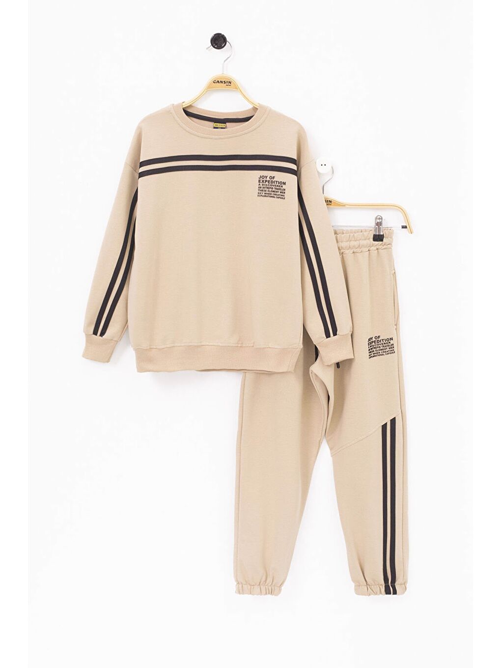 Bej Şerit Detaylı Bisiklet Yaka Erkek Çocuk Basic Eşofman Takımı 21263-1
