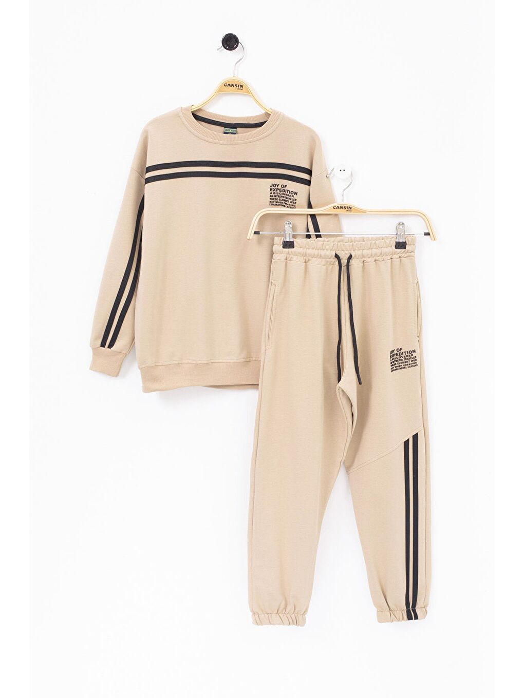 Bej Şerit Detaylı Bisiklet Yaka Erkek Çocuk Basic Eşofman Takımı 21263-2
