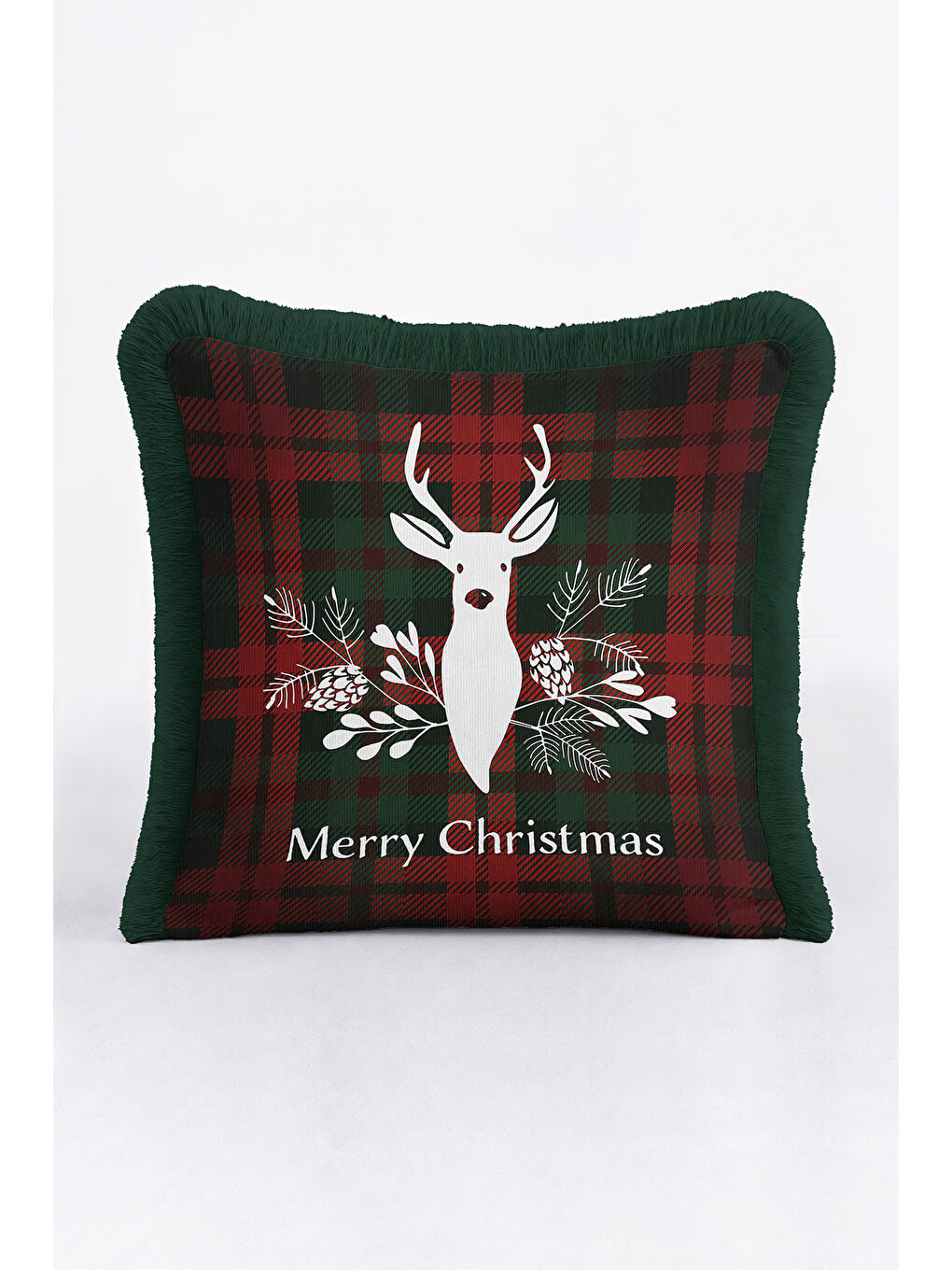 Karışık Lüks Ekose Saçaklı Yastık Kılıfı - Yılbaşı Rustik Çam Yeşili Püsküllü Kırlent Kılıfı