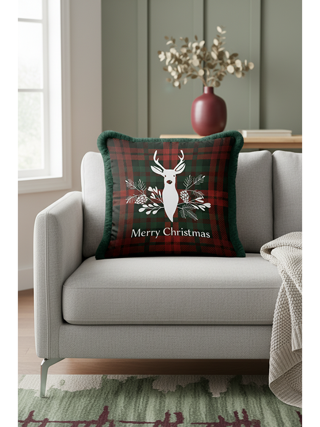 Karışık Lüks Ekose Saçaklı Yastık Kılıfı - Yılbaşı Rustik Çam Yeşili Püsküllü Kırlent Kılıfı-1