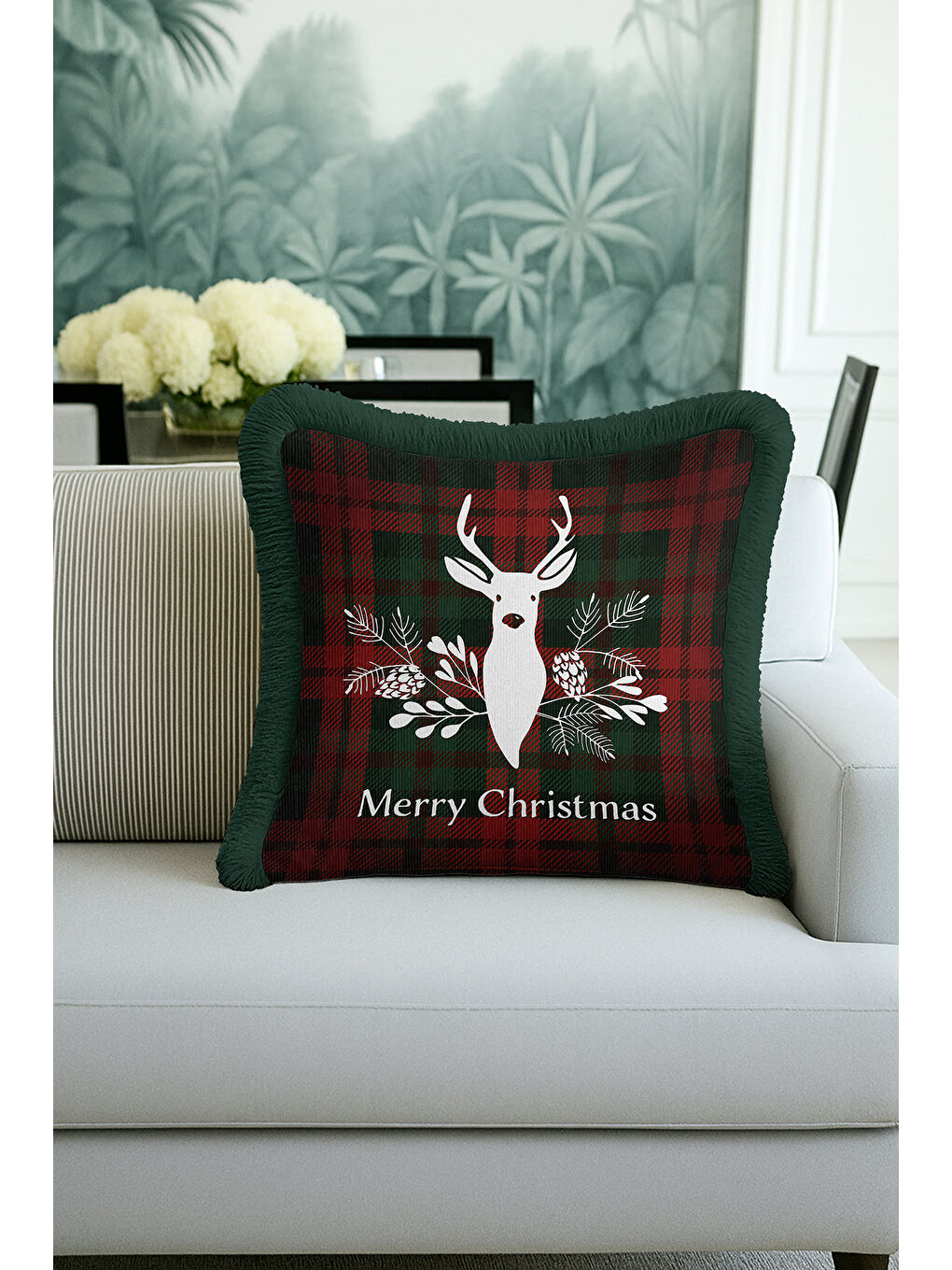 Karışık Lüks Ekose Saçaklı Yastık Kılıfı - Yılbaşı Rustik Çam Yeşili Püsküllü Kırlent Kılıfı-2